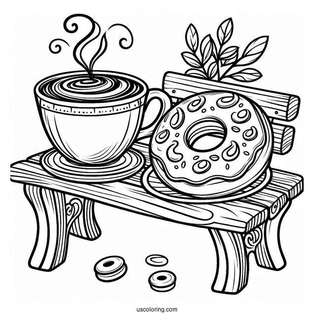 A Mug Of Coffee Sitting With A Donut Coloring Page On A Bench