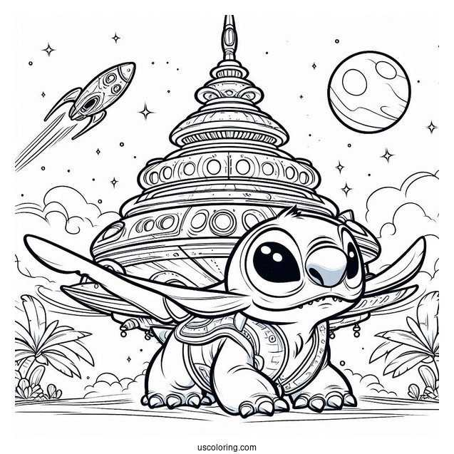 Lilo & Stitch Coloring Page Of Alien Spaceship In Outer Space