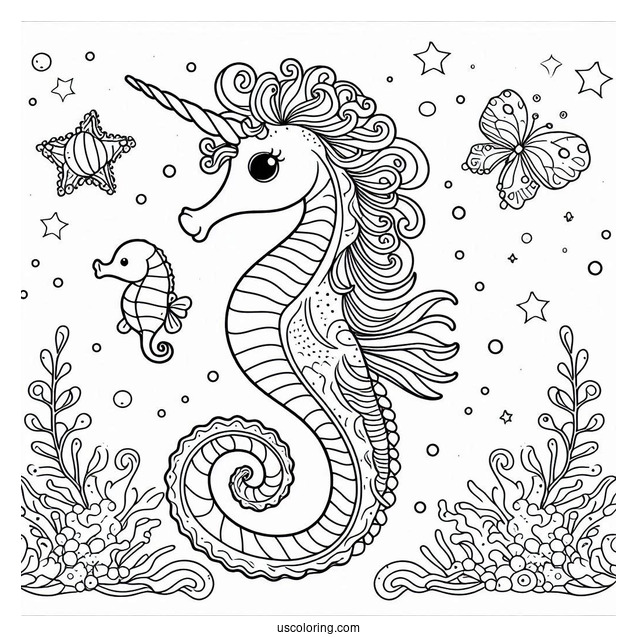 Unicorn Seahorse Coloring Page For Kids