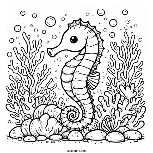 Cartoon Seahorse Surrounded By Coral
