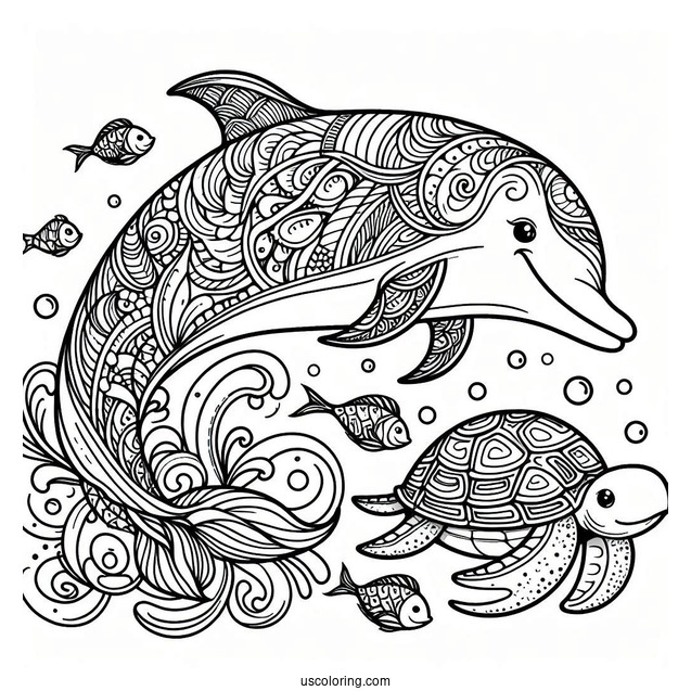 Dolphin Swimming With Fish And Turtle