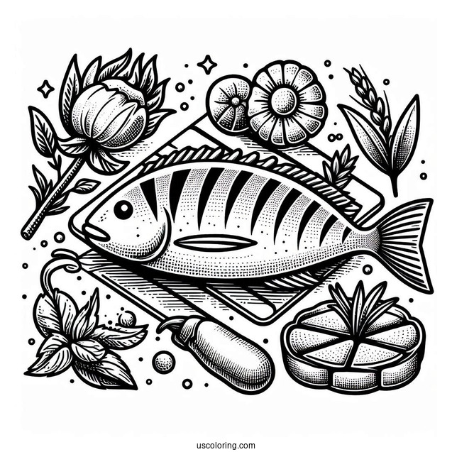 Grilled Fish Coloring Picture
