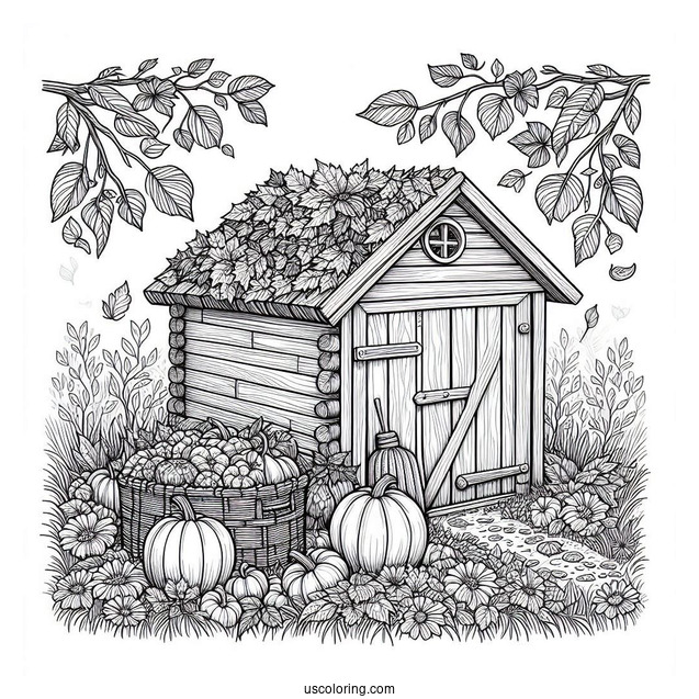 Wooden Shed Covered In Leaves And Filled With Pumpkin Coloring Page