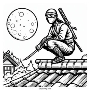 Ninja Crouched On A Roof Coloring Sheet