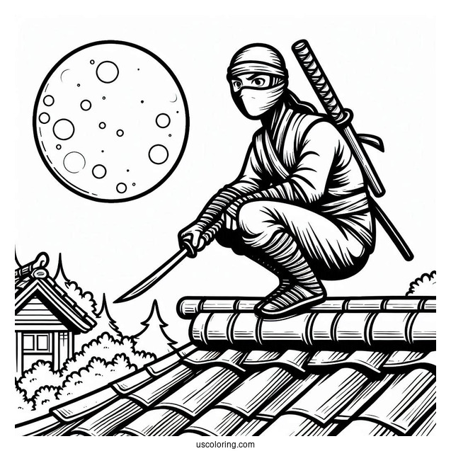 Ninja Crouched On A Roof Coloring Sheet