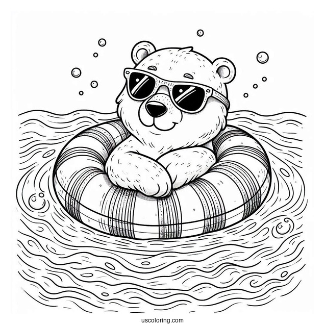 Swimming Coloring Page Of Polar Bear With Sunglasses On An Inflatable In The Pool