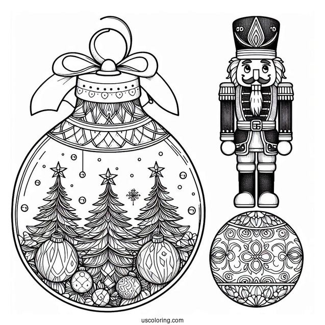 Christmas Ornaments Coloring Page Of Nutcracker And Christmas Tree Inside Bauble