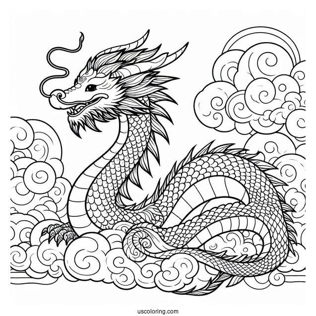 Mushu Dragon With Cloudy Sky Background Coloring Page For Kids