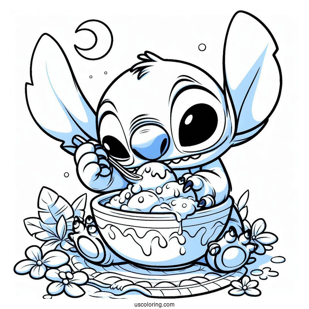 Stitch Playing In a Bowl Of Ice Cream To Color