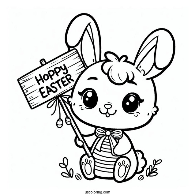 Easter Bunny Coloring Page Holding Hoppy Easter Sign For Kids