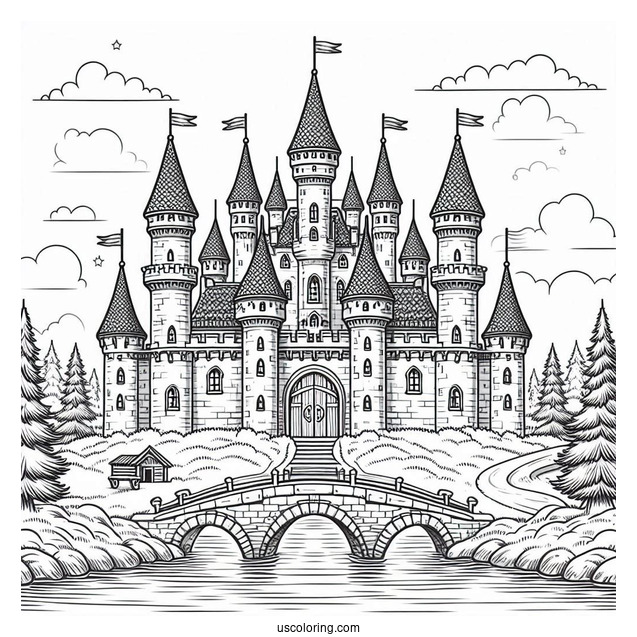 Front View Of A Castle Coloring Page With Bridge And Moat