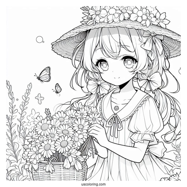 Anime Girl Gathering Flowers In The Summer Coloring Page For Kids