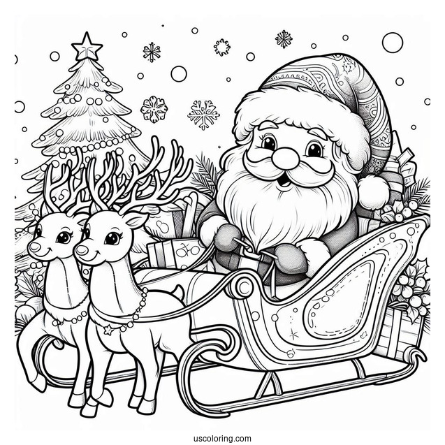 Santa In His Sleigh With Reindeer To Color
