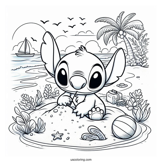 Stitch Burying Himself In The Sand At The Beach