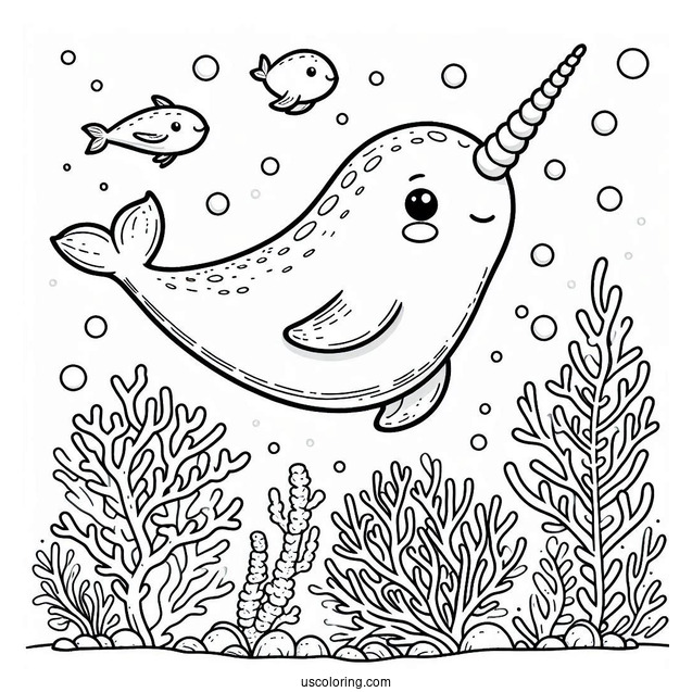 Cute Narwhal Coloring Page Swimming In A Coral Reef For Kids