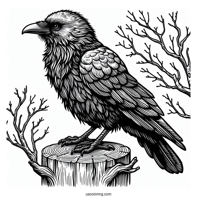 Detailed Raven Coloring Page Perched On A Tree Stump