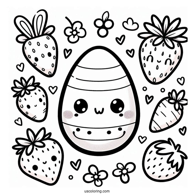 Kawaii Easter Egg Strawberry, Carrot, Bunnies, And Hearts Designs Coloring Sheet