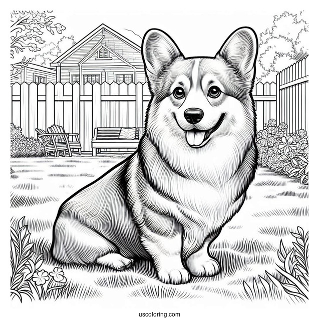 Realistic Welsh Corgi Coloring Page In Backyard