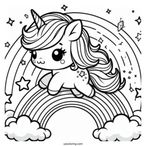 Chibi Coloring Page Unicorn Trotting Across a Rainbow with Sparkling Stars