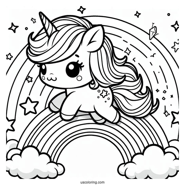 Chibi Coloring Page Unicorn Trotting Across a Rainbow with Sparkling Stars