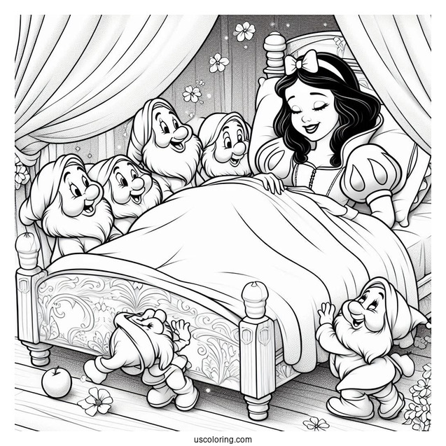 Snow White In Bed Being Woken Up By The Seven Dwarfs