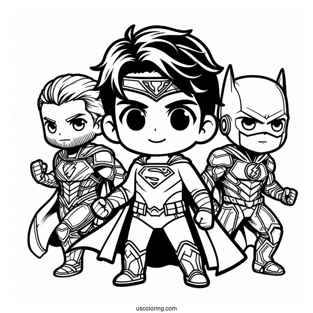 Chibi Justice League Coloring Page Of Heroes For Kids