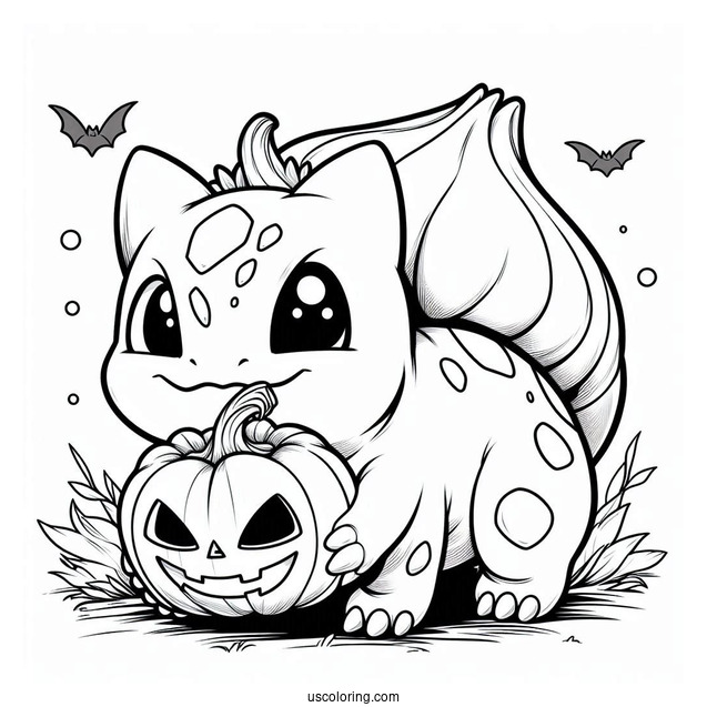 Bulbasaur Coloring Page Carrying Jack O Lantern On Halloween