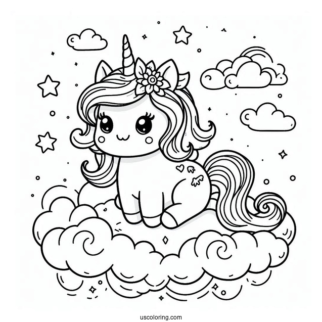 Beautiful Kawaii Unicorn On A Clouds