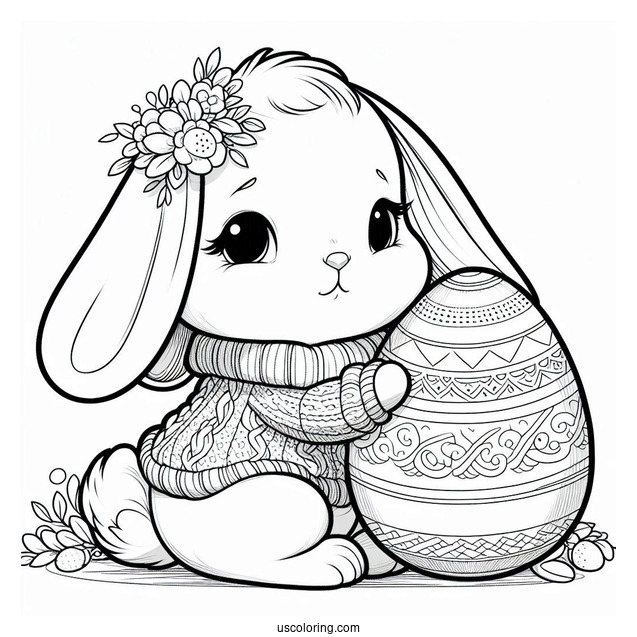 Pretty Bunny In Sweater Holding A Large Easter Coloring Page Of Egg
