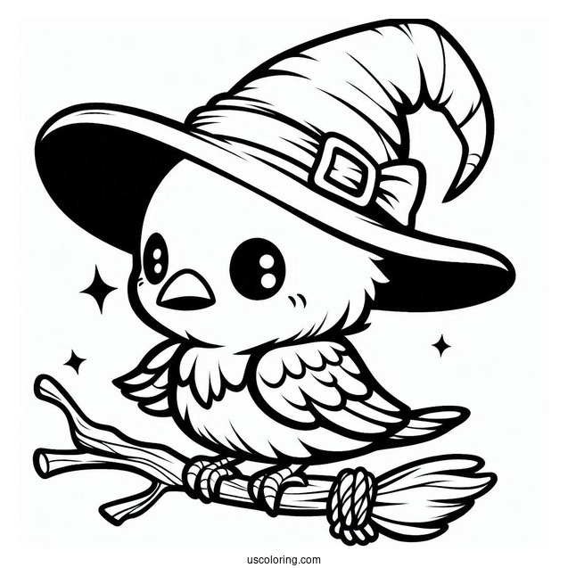 Chibi Raven Coloring Page Wearing A Witch's Hat For Kids