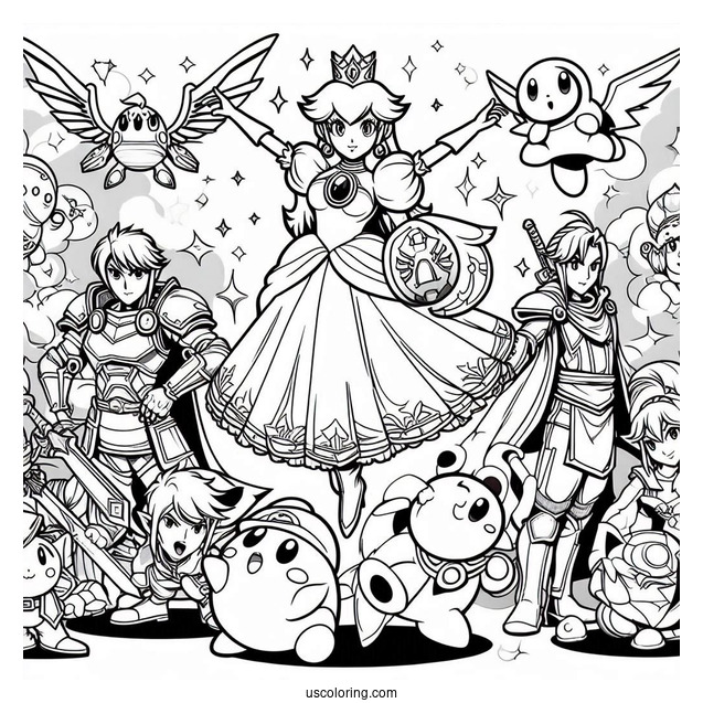 Super Smash Bros Coloring Page Of Princess Peach, Mega Man, Zelda, Samus, Mario, Kirby, Pikachu, And Ness