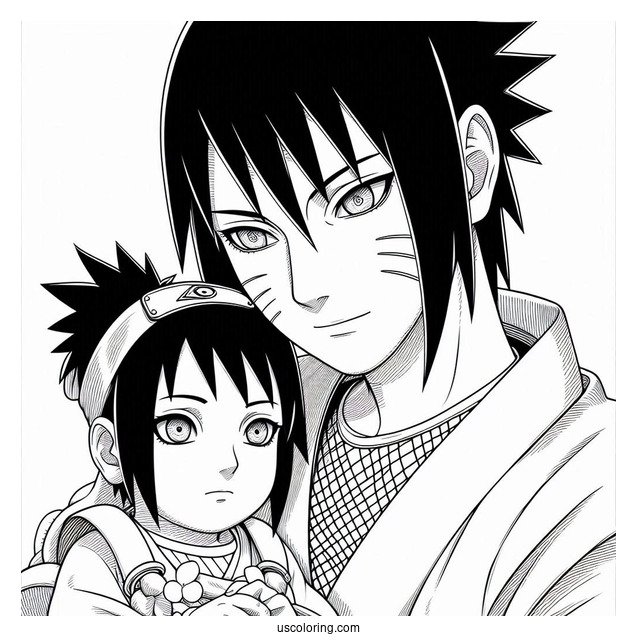 Adult Uchiha Sasuke Coloring Page Holding Baby Sarada