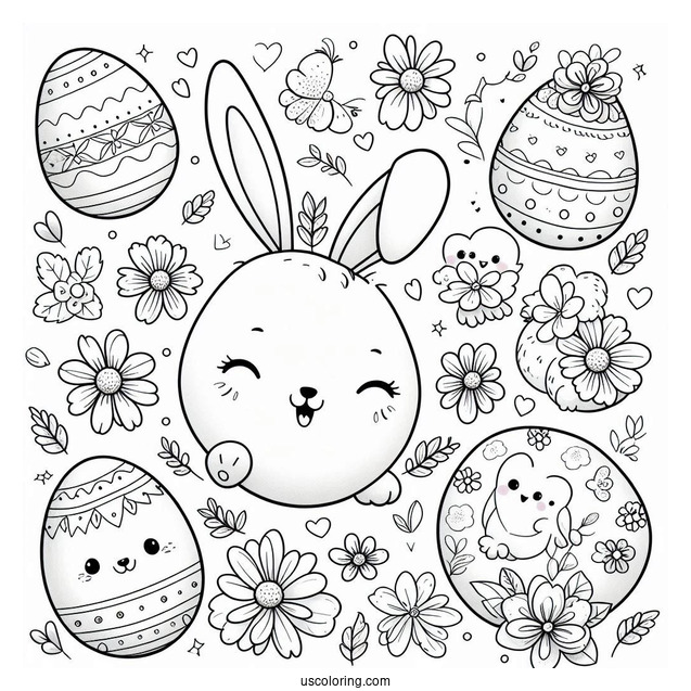 Smiling Easter Egg Coloring Page Bunny with Chicks and Flowers