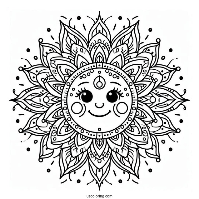 Easy Smiling Sun Mandala Coloring Page For Kids
