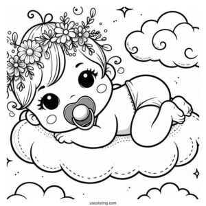 Baby Coloring Page With Pacifier Lying On Cloud