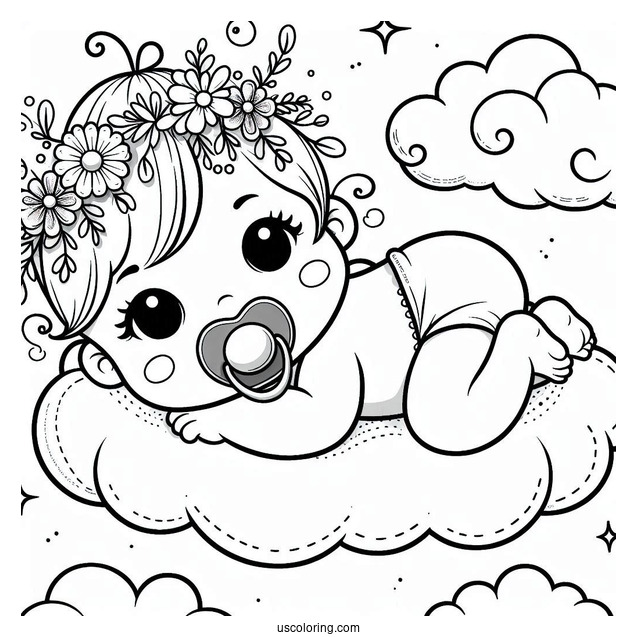 Baby Coloring Page With Pacifier Lying On Cloud
