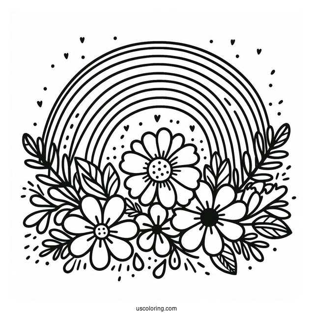 Easy Rainbow With Flowers Coloring Page For Preschoolers