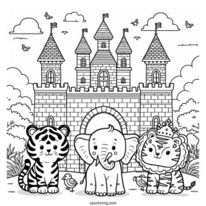 Cute Tiger, Elephant, And Zebra Outside A Castle Coloring Page For Kids