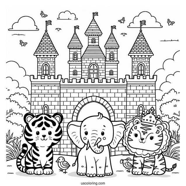 Cute Tiger, Elephant, And Zebra Outside A Castle Coloring Page For Kids