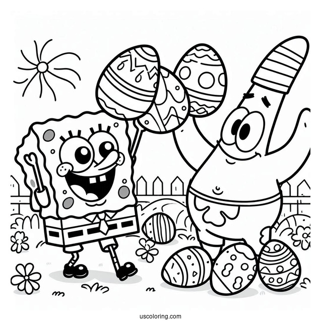 Easter Coloring Page Of SpongeBob And Patrick Star Throwing Easter Eggs