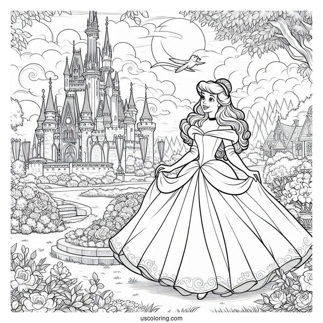 Belle And Cinderella In The Castle Garden Coloring Page