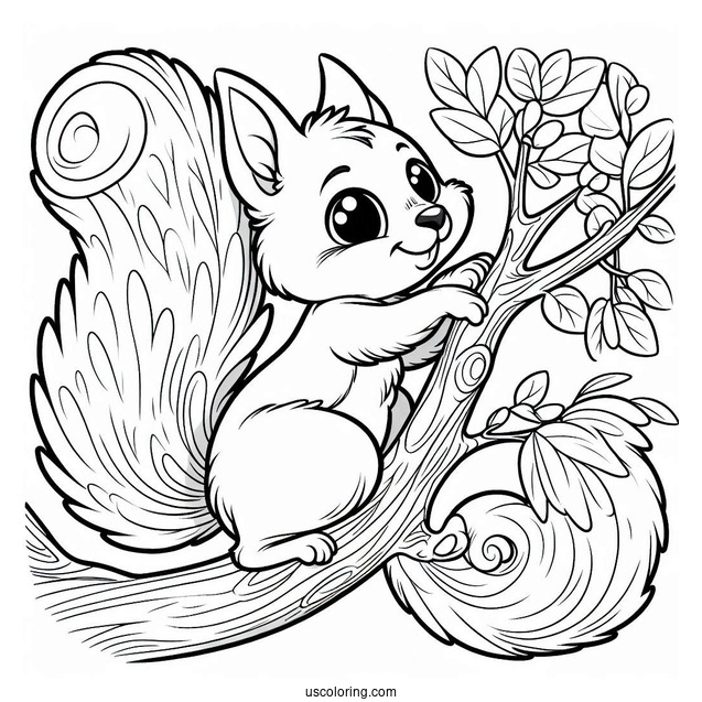 Cartoon Squirrel Coloring Page Climbing Tree Branch For Kids