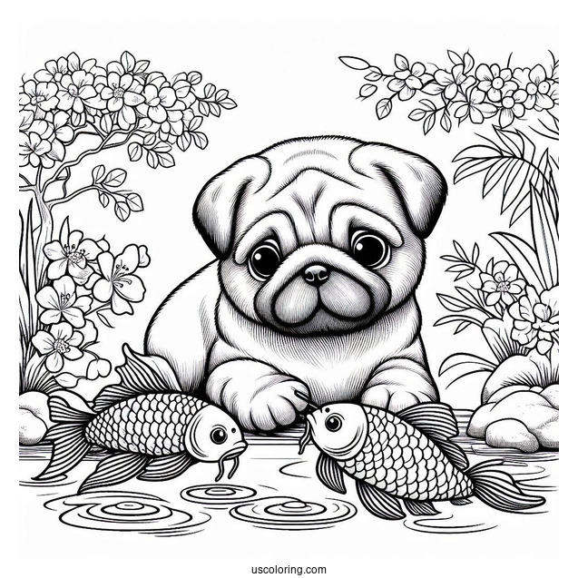 Curious Pug Coloring Page Playing with Koi Fish by the Pond