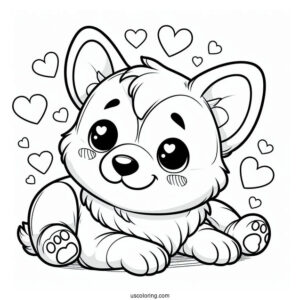 Adorable Corgi Puppy With Hearts Coloring Page