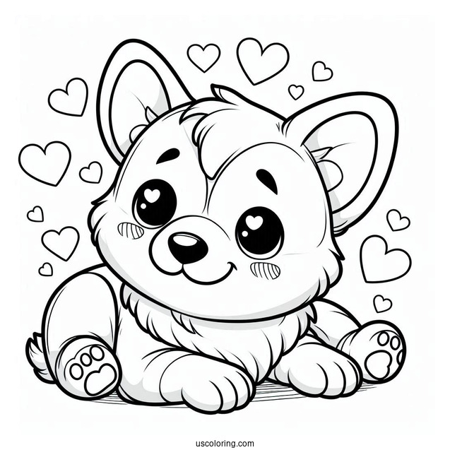 Adorable Corgi Puppy With Hearts Coloring Page