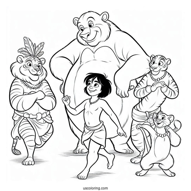 Jungle Book Coloring Page Of Mowgli Dancing With Shanti, Ranjan, Baloo, King Louie, And Kaa