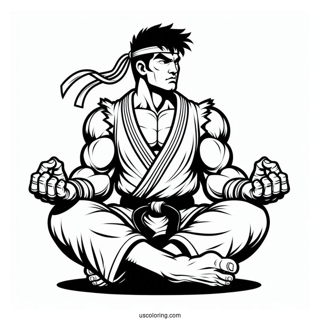 Street Fighter Coloring Page Of Ryu Meditating For Kids