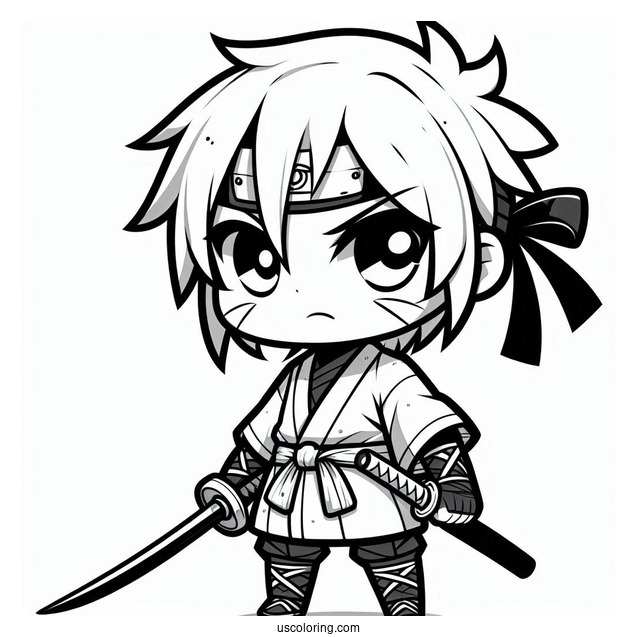 Serious Chibi Ninja With A Blade Coloring Sheet For Preschoolers
