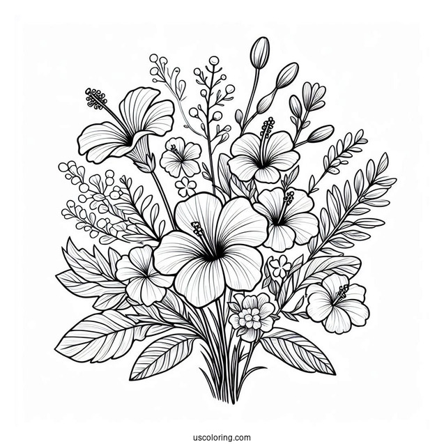 Flower Coloring Pages Of Small Bouquet Of Hibiscus, Lilies, And Wildflowers