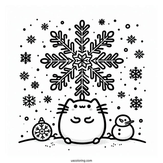 Snowflake Coloring Page Falling On Pusheen, Stormy, And Snowman